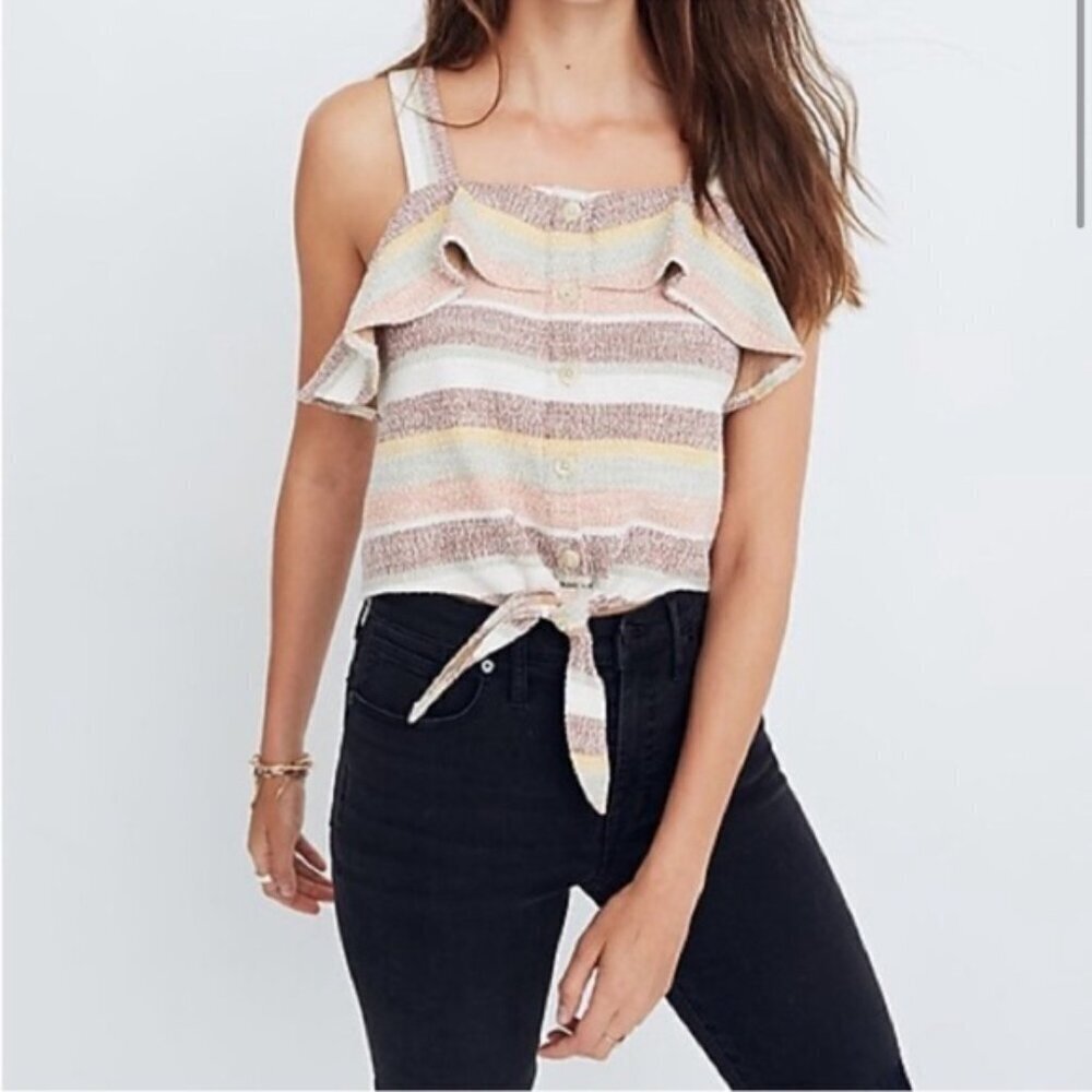 Madewell Texture and Thread Striped Ruffle Tie Front Tank Top Sz M